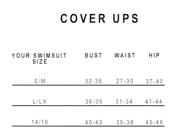 Sunsets Cover up size chart