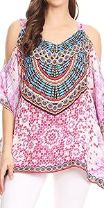 blouse top tunic cold shoulder floral print short sleevess swing loose beach event boho hippie nice