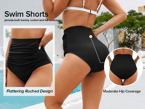 Women High Waisted Bikini Bottom Retro Ruched Swim Short Shirred Tankinis Brief 