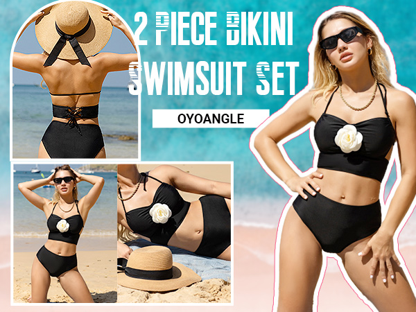 Women 2 Piece 3D Rose Bikini Swimsuit Spaghetti Strap High Waisted Bathing Suit