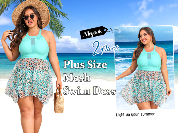 NIeyook 2024 Women''s Plus Size Mesh Swim Dress with Boyshorts