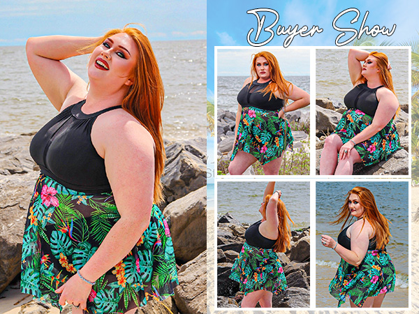 Black Palm Leaf Plus Size Swim Dress