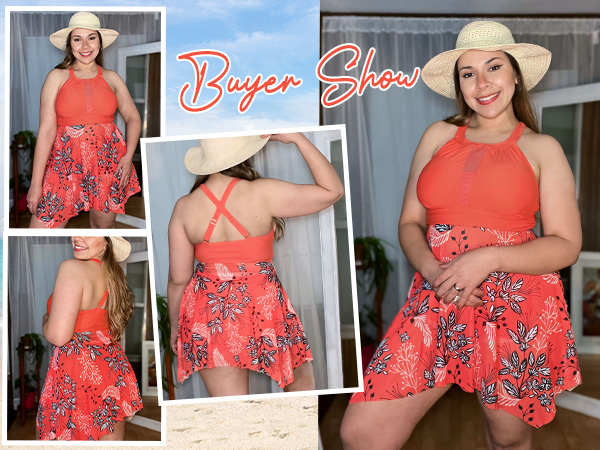 Orange Red Floral Womens Plus Size Swimsuit