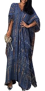 Women Summer Swimsuit Kaftan Sleeve Tie Dye Striped Print V Neck Loose Beach Caftan Maxi Dress