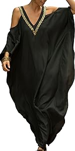 Batwing Sleeve V Neck Off Shoulder Turkish Kaftan Loose Beachwear Bikini Cover Up Maxi Dress Black