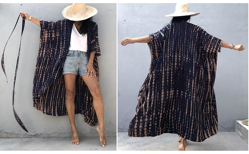 Chunoy Women Loose Lightweight Summer Boho Open Front Kimono Cardaigan Tie Dye Beach Cover Up