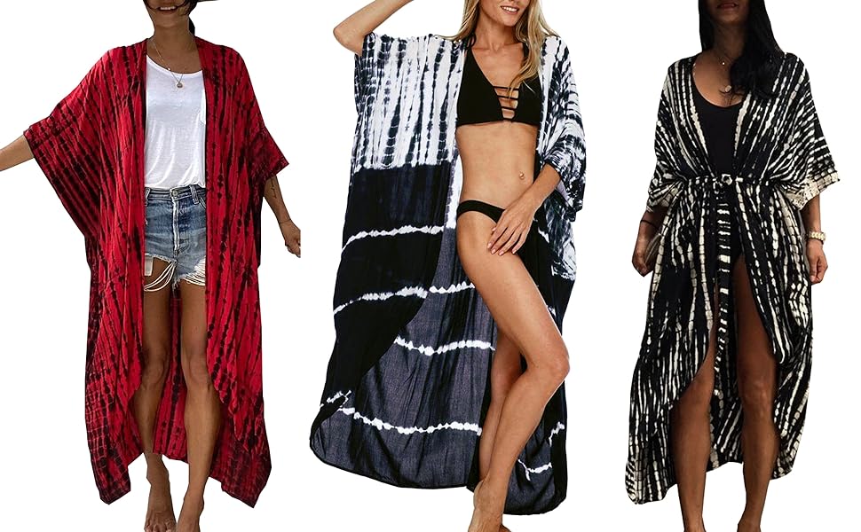  Tie Dye Open Front Long Kimono Swimsuit Cover up for Women