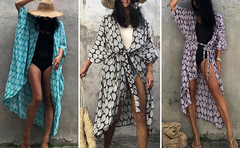 Women Loose Lightweight Boho Leaves Print Open Front Kimono Cardaigan Long Kaftan Beach Cover Up