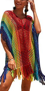 Women Rainbow Crochet Cover Up Short Sleeve V Neck Side Slit Swimsuit Cover Ups