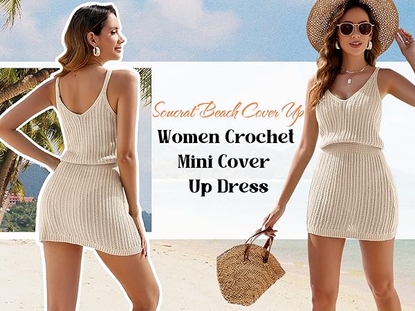 Short Beach Dress for Women Crochet Swim Cover Up Sleeveless Swimsuit Coverups Summer Beachwear