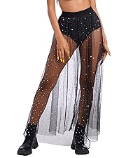 Women 2 in 1 Sheer Mesh Stars Sequins Maxi Tulle Skirt High Waist See Through A-Line Long Skirt