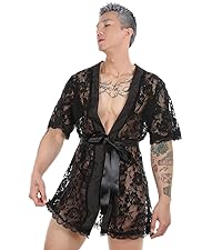 Men Sexy Lace Bathrobe Floral Mesh Lingerie Transparent Sleepwear Pajamas Suit Nightgown Robe