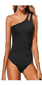 B0D5CWBDHT Women One Piece Swimwear Elastic Fit Tummy Control One Shoulder Keyhole Bathing Suit