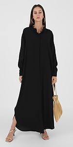 Womens Muslim Dress Ramadan Abaya Batwing Sleeve Henley Shirt Prayer Dress