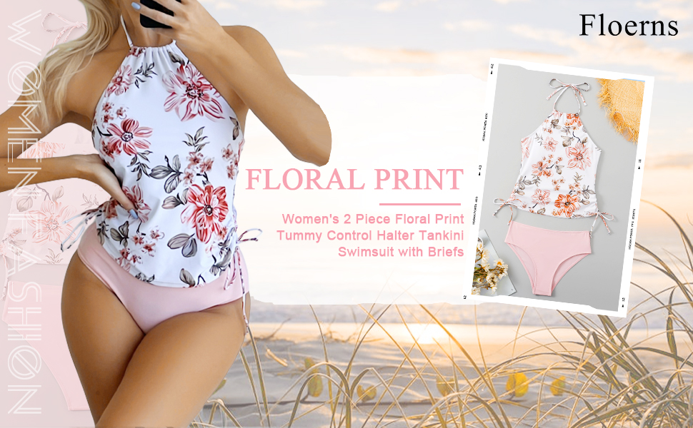 Floerns Women''s 2 Piece Floral Print Tummy Control Halter Tankini Swimsuit with Briefs