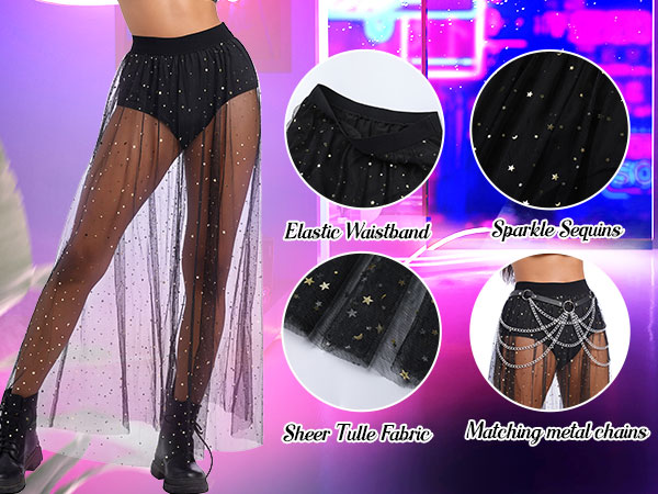 Women 2 in 1 Mesh Sheer Tulle Maxi Skirt Sparkle Galaxy Sequin Tulle Cover ups Festival Outfits