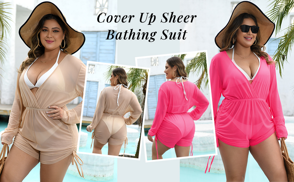 Plus Size Swimsuit Mesh Cover Up Romper Deep V Neck Long Sleeve Cover up