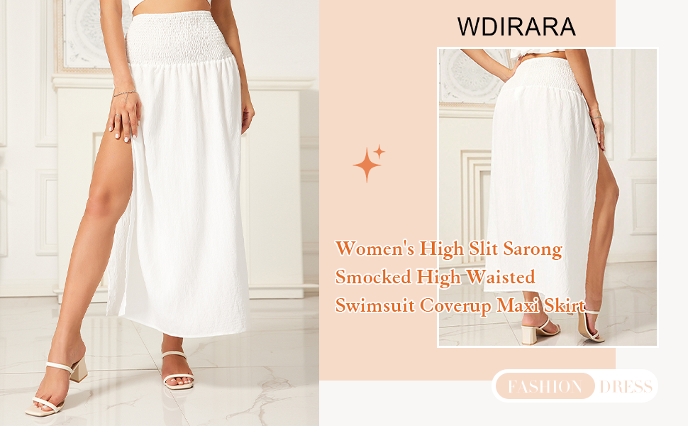 Women''s High Slit Sarong Smocked High Waisted Swimsuit Coverup Maxi Skirt