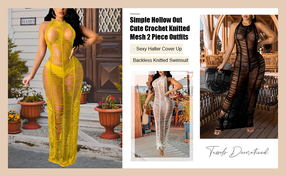 Women''s Sexy Mesh Fringe Maxi Dress