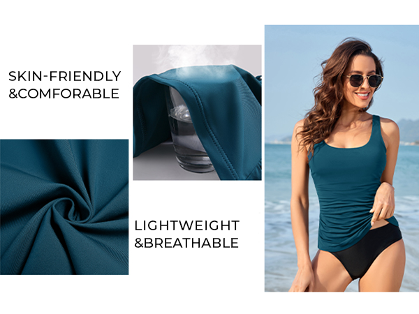 teal tankini breathable lightweight sporty swim top plus tankini top scoop neck ruched  tummy  bra