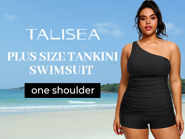 Talisea Women Plus Size One Shoulder Tankini Two Piece Bathing Suit with Shorts