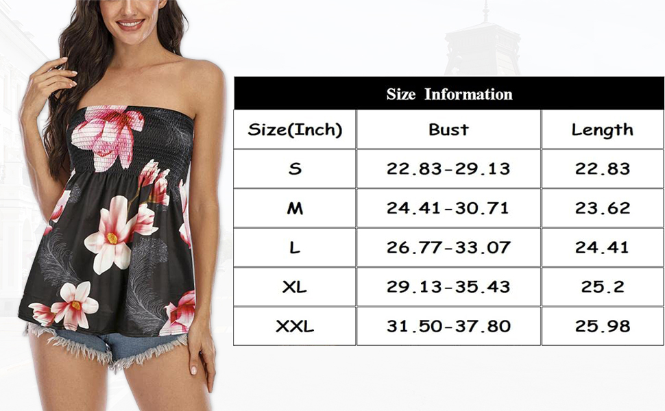 Womens Strapless Bandeau Tank Tops Tube Tops Floral Tanks Smocked Ruffled Backless Casual Bandeau