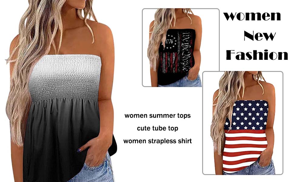 Womens Strapless Bandeau Tank Tops Tube Tops Floral Tanks Smocked Ruffled Backless Casual Bandeau