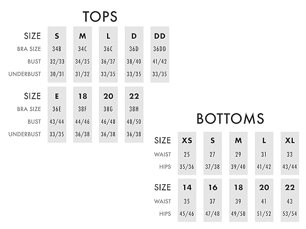 Sunsets size chart for tops and bottoms