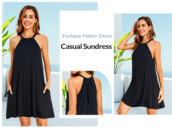 Yonique Sun Dresses Women Summer Casual Halter Dresses Cover up with Pockets