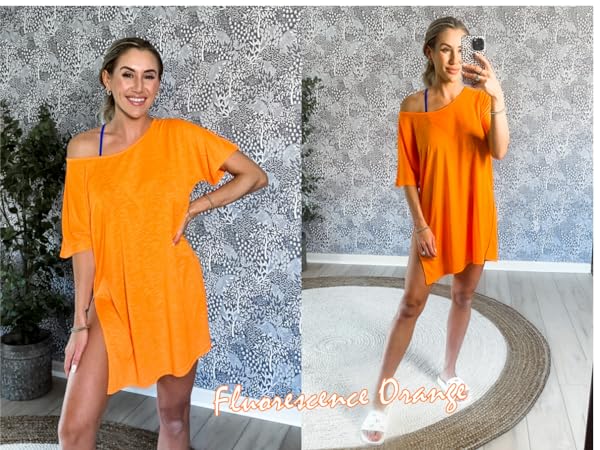 Women Beach Coverups Ladies Beachwear Cover Ups for Swimwear T-Shirt Coverup Fluorescence Orange