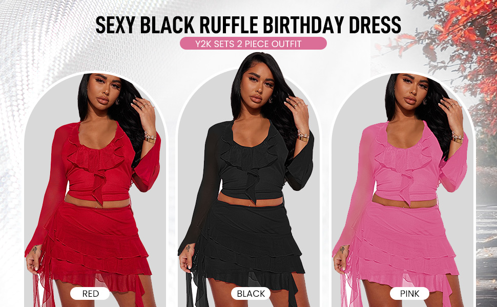 SEXY BLACK RUFFLE BIRTHDAY DRESS Y2K SETS 2 PIECE OUTFIT