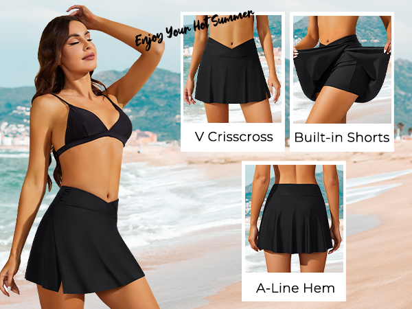 cirsscross swim skirt split tankini skirt swimsuit skirt bathing suit skirt  wirh shorts black