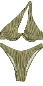 Ribbed Push Up Bikini Swimsuit One Shoulder Cut Out Bathing Suit