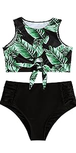 2 Piece Graphic Print Knot Front Swimsuit High Neck Push Up High Waist Bathing Suit Tankini Set