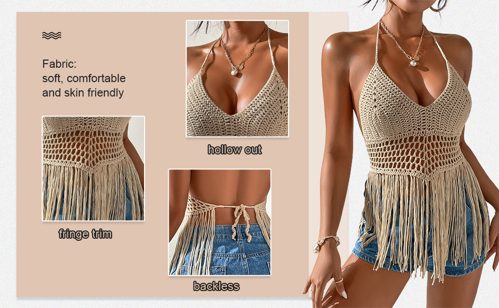 Women''s Hollow Out Crochet Fringe Trim Tie Backless Halter Swim Cover Up Top Beachwear