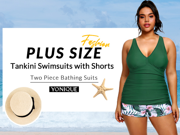 Yonique 2 Piece Plus Size Tankini with Shorts Tummy Control Swimsuits