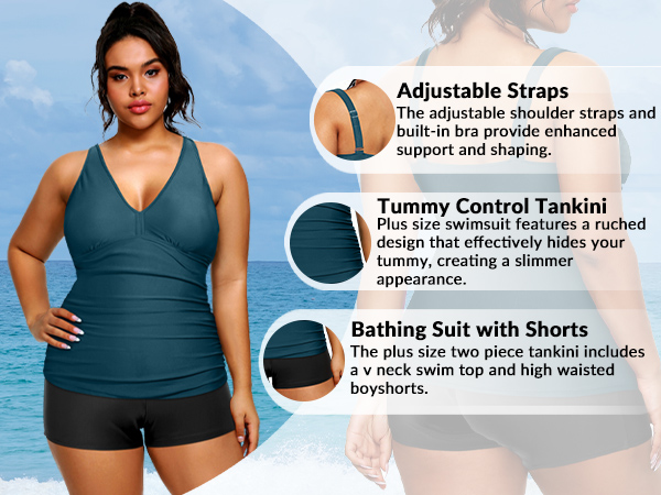 Plus Size Tankini Swimsuits with Shorts Tummy Control Bathing Suits Two Piece Swimwear