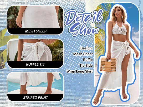 Women''s Mesh Sheer Swimsuit Cover Up Ruffle Tie Side Beach Sarong Wrap Long Skirt