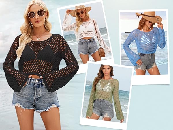 Women''s Fishnet Long Sleeve Top - Perfect Poolside Cover Up