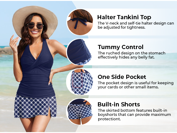 Women Tankini with Skirt and Pocket Halter Tankini Swimsuit Two Piece Tummy Control Bathing Suit 