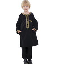 Arabic Thobe Muslim Thobe Long Sleeve Kaftan Crew Collar Robe with Pants 2pcs for Boy‘s Tradition