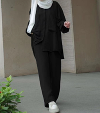 Muslim Long Sleeve Blouse Wide Leg Pants Suits Autumn Solid Abaya Women Matching Sets 2PCS