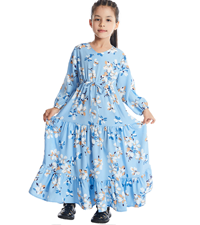 Abaya Dress for Kids Girls Long Sleeve Ruffle Hemline Floral Print Bohemian Casual Modest Fall Dress