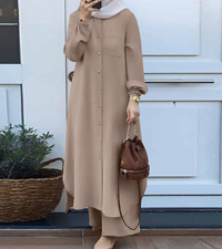 Women''s Muslim 2 Pieces Sets Long Sleeve Button Down Shirt and Pants Abaya Casual Dress Dubai