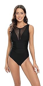 Women Mesh High Neck One Piece Swimsuits Ruched Bathing Suits Tummy Control Swimwear