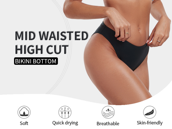 Women''s Mid Waisted High Cut Bikini Bottoms