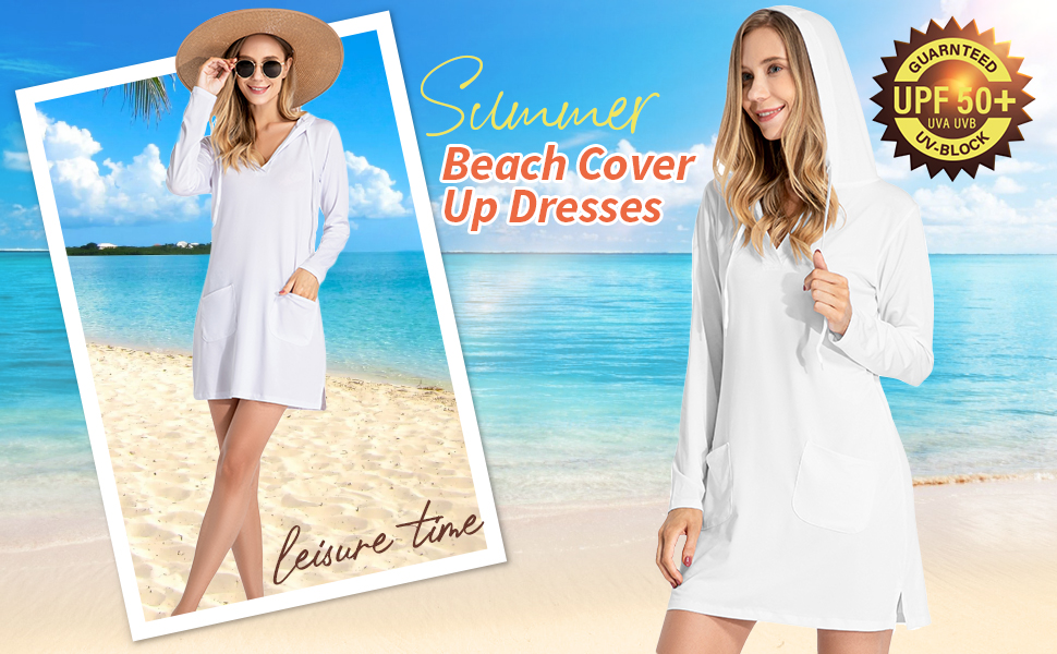 Womens Cover-Up Dress Beach SPF Sun Protection Long Sleeve Shirts  Athletic UV Hoodie 