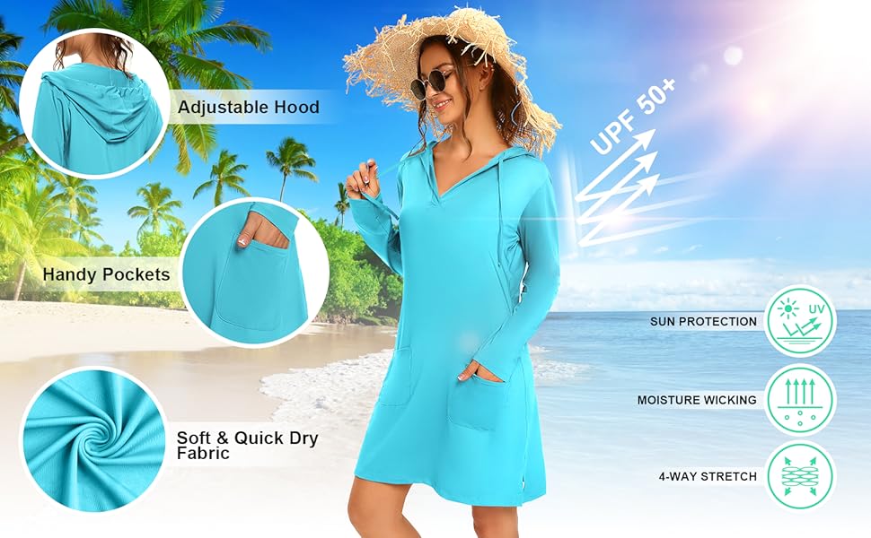 Women''s UPF 50+ Cover-Up Dress Beach SPF Long Sleeve Shirt Dress Sun Protection Hiking Beach 