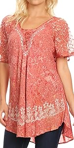 short sleeve lace summer casual lightweight cover-up caftan print bikini boho high low round neck