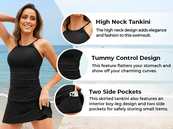 tankini swimsuit skirt with shorts two side pocket tummy control tankini two piece tankini 2 piece